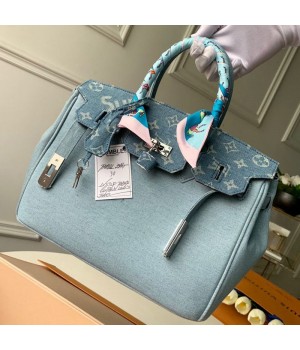 Louis Vuitton x Supreme Denim Humble Travel Birkin 30cm Top Handle Bag M48888 Denim Blue 2019 (KD-9050835 )